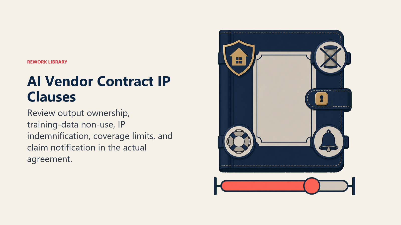 AI Vendor Contract IP Clauses shown as contract folio with four protective clasps