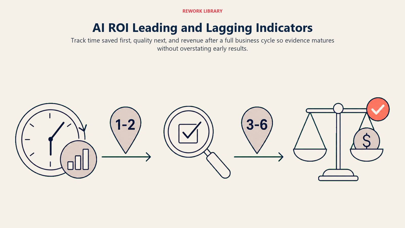 AI ROI leading and lagging indicators shown across a three-phase timeline from time saved to quality to revenue impact.