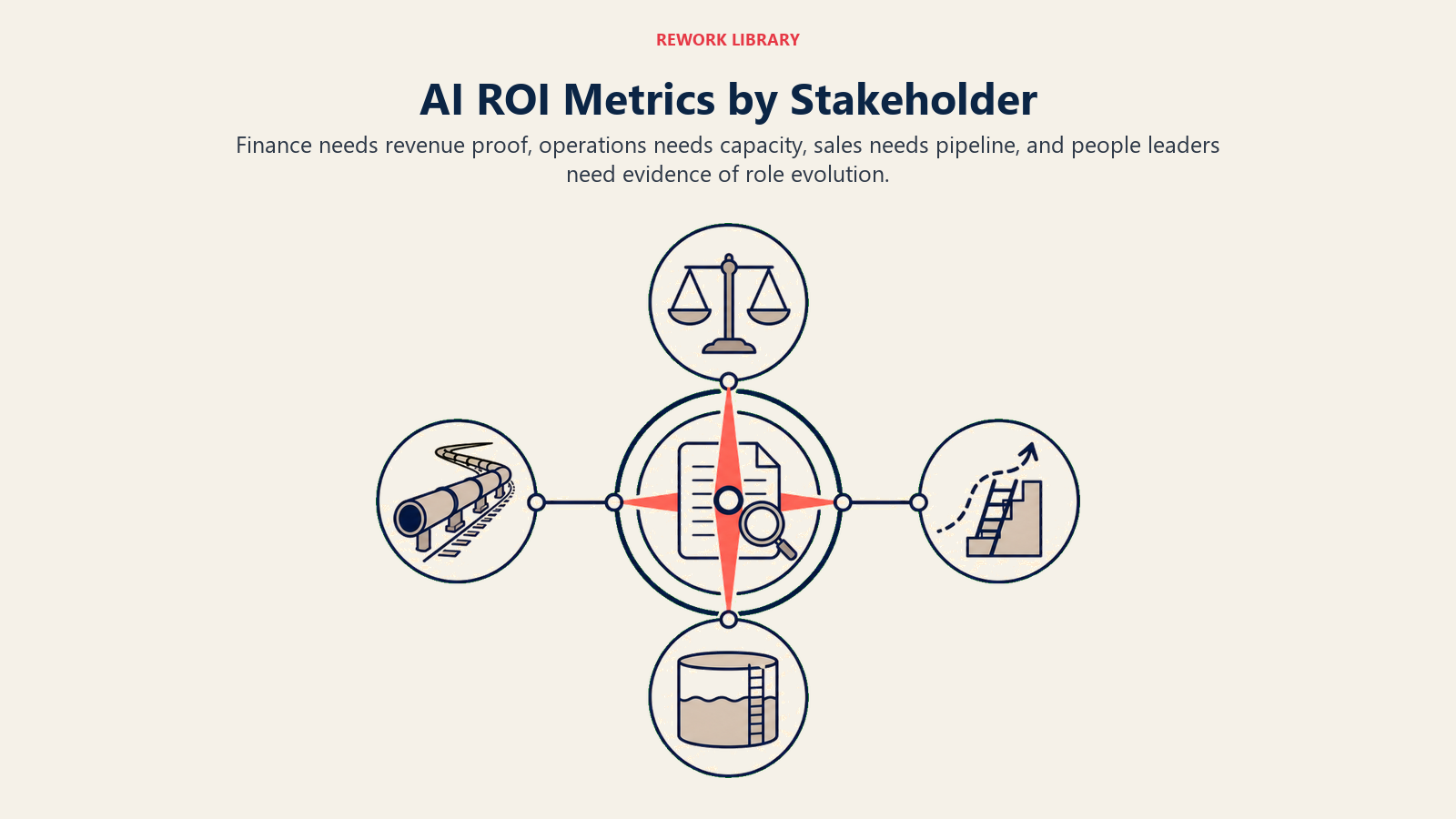 AI ROI metrics by stakeholder shown as a four-direction compass for finance, operations, sales, and people leaders.