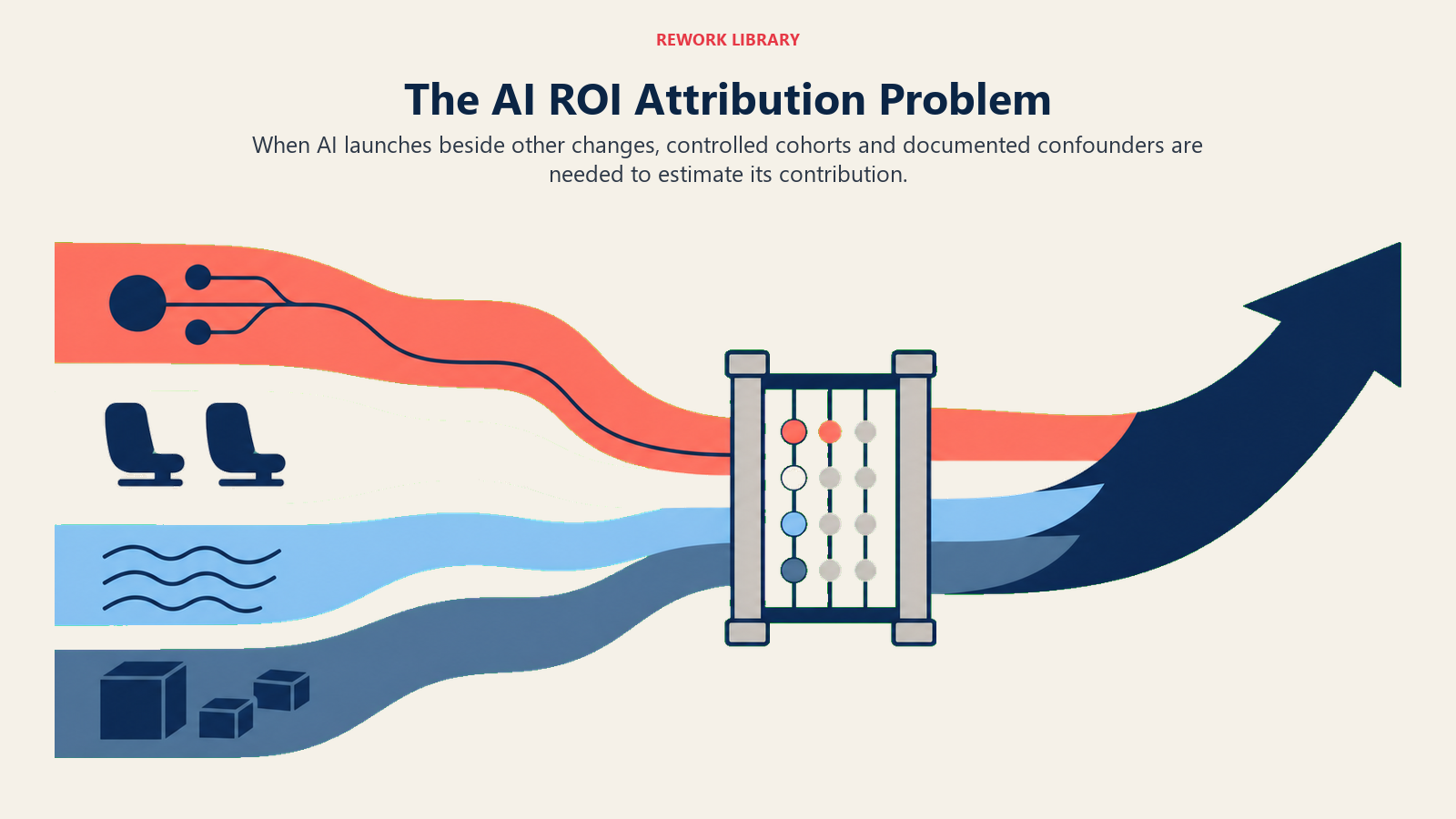 The AI ROI Attribution Problem shown as four tributaries merging into one growth channel