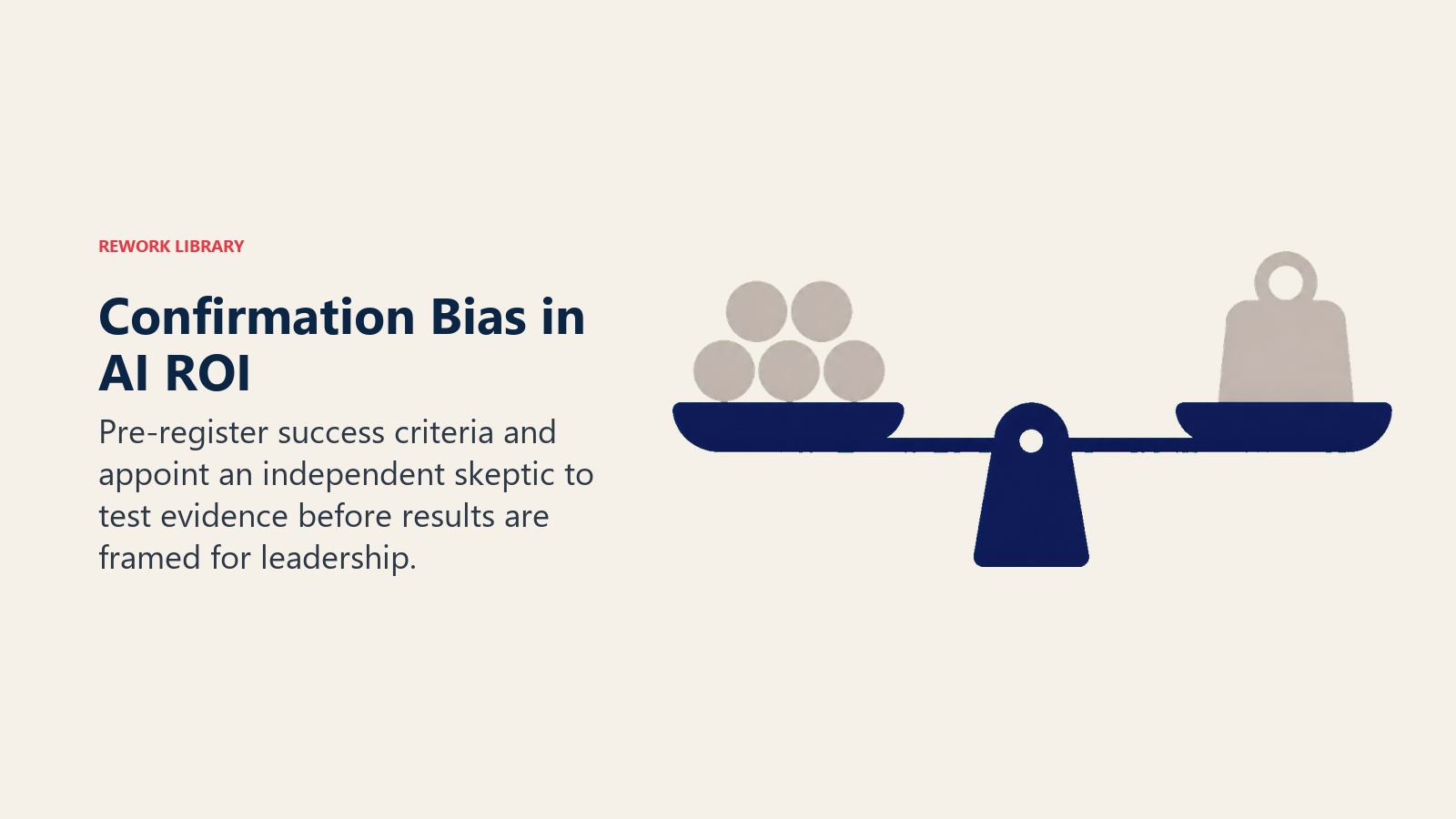 Confirmation Bias in AI ROI shown as biased evidence scale with skeptic counterweight