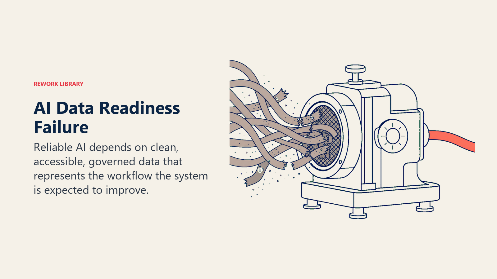 AI Data Readiness Failure shown as precision instrument fed by tangled data spools