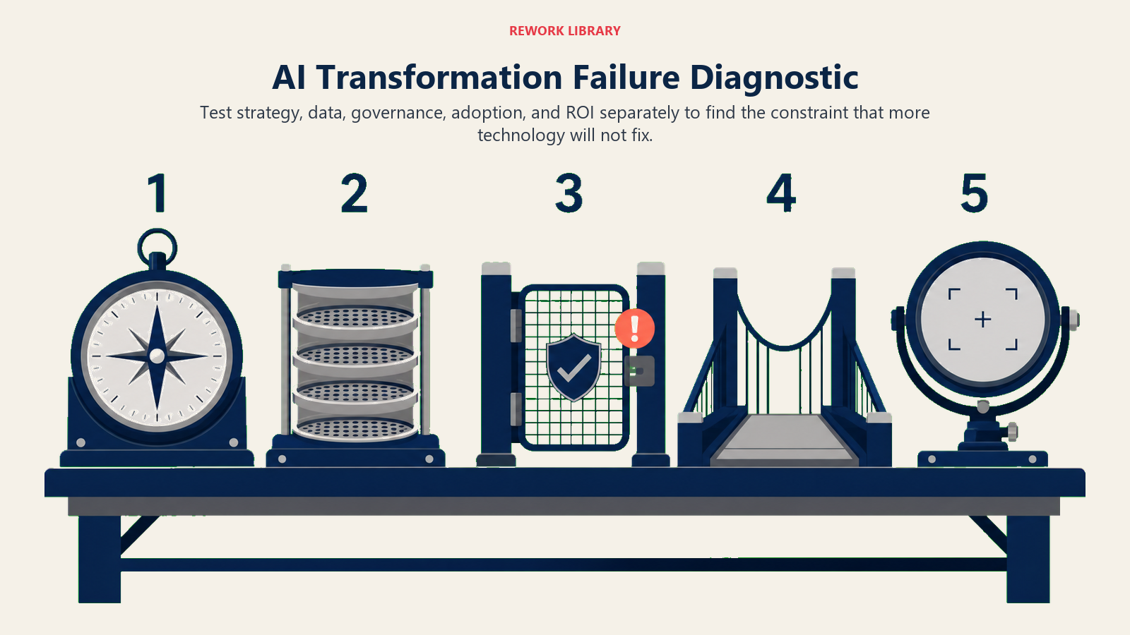 AI Transformation Failure Diagnostic shown as five-station transformation diagnostic