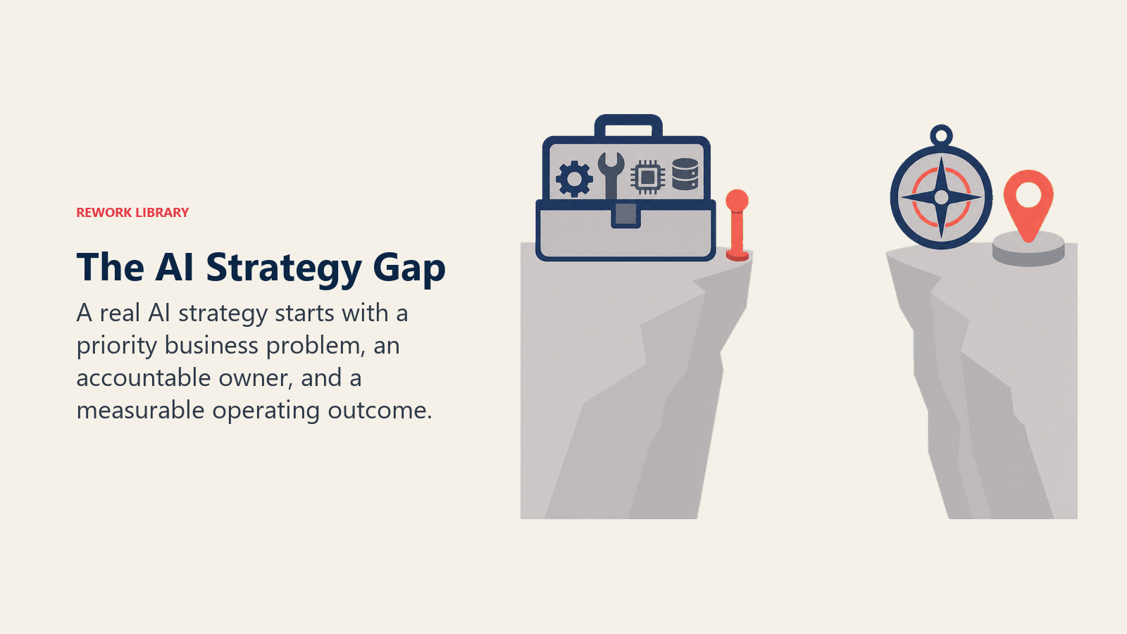 The AI Strategy Gap shown as toolbox disconnected from a target compass