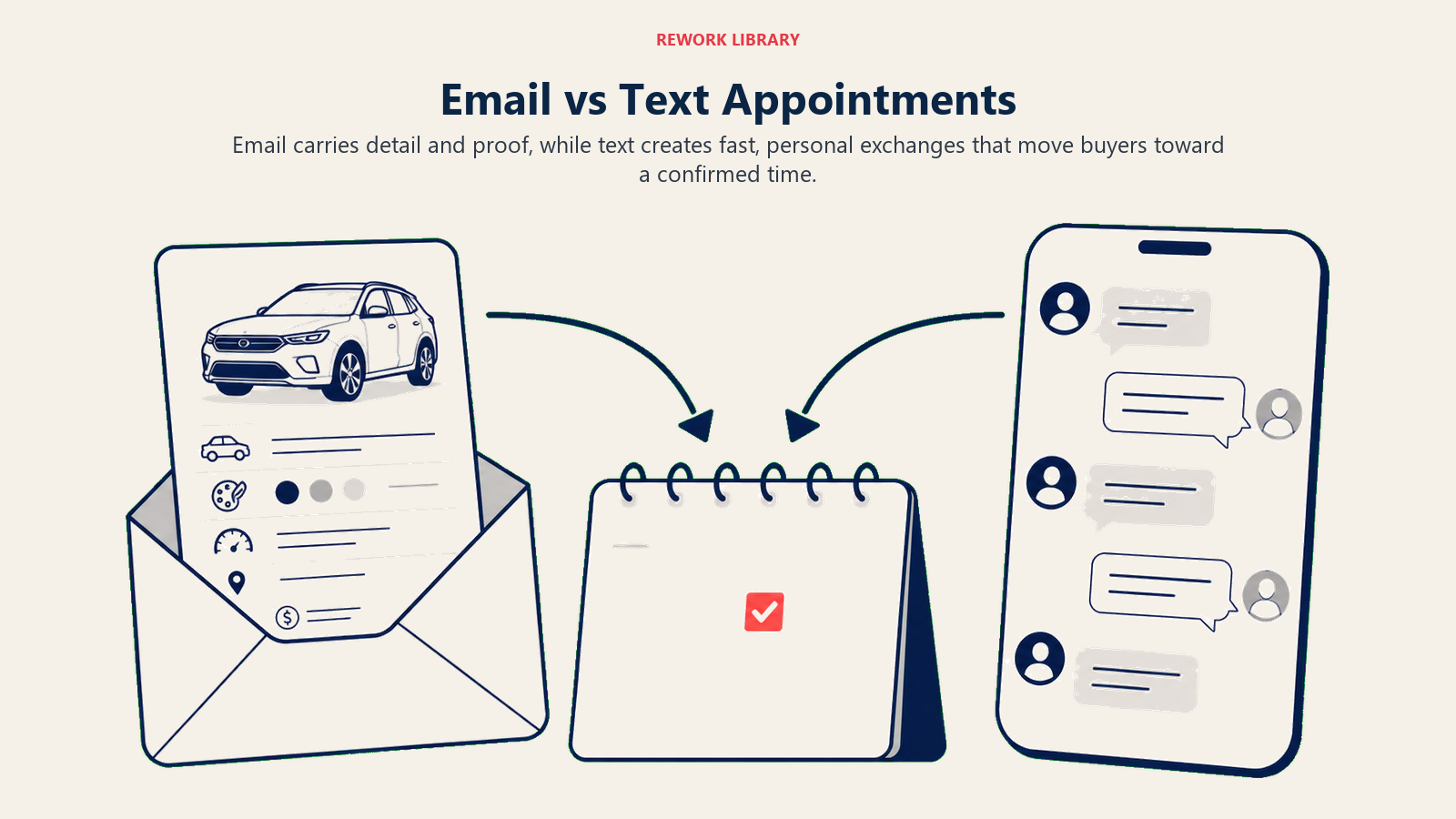 Email vs Text Appointments shown as email-text appointment comparison in a Rework Library editorial illustration
