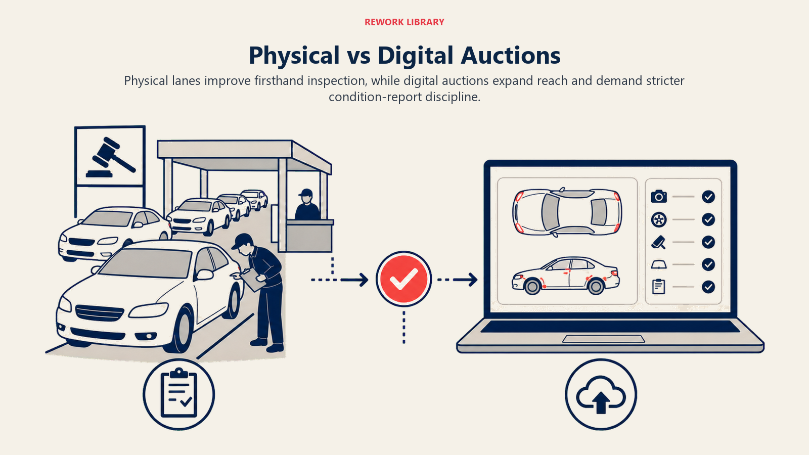 Physical vs Digital Auctions illustrated as a wide split comparison: a physical auction lane with inspection on the left versus a laptop-based digital lane with condition report on the right, joined by one decision marker