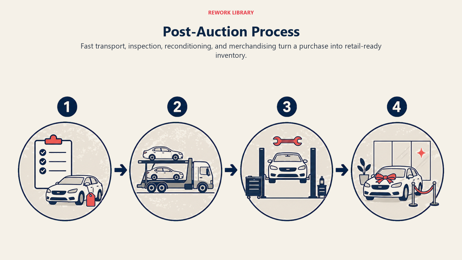 Post-Auction Process illustrated as a wide left-to-right four-stage route from auction receipt to transport, service bay, and showroom-ready vehicle; sparse stage numbers 1 to 4