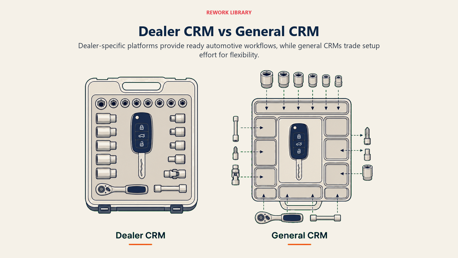 Dealer CRM vs General CRM shown as a wide side-by-side toolbench comparison