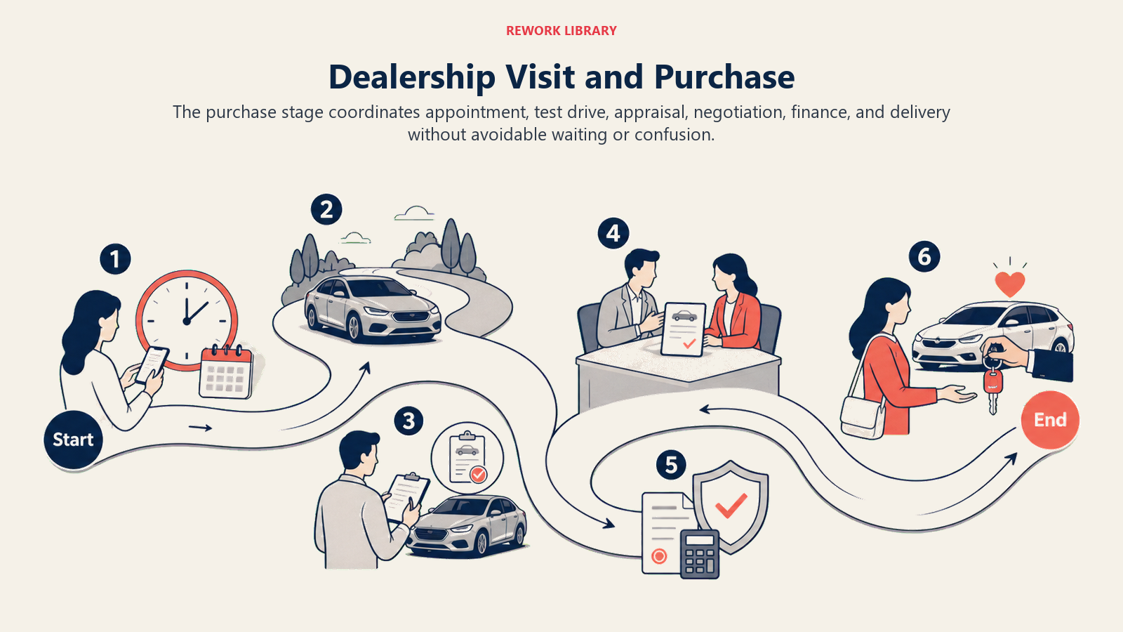 Dealership Visit and Purchase shown as visit-to-delivery flow for an automotive dealership