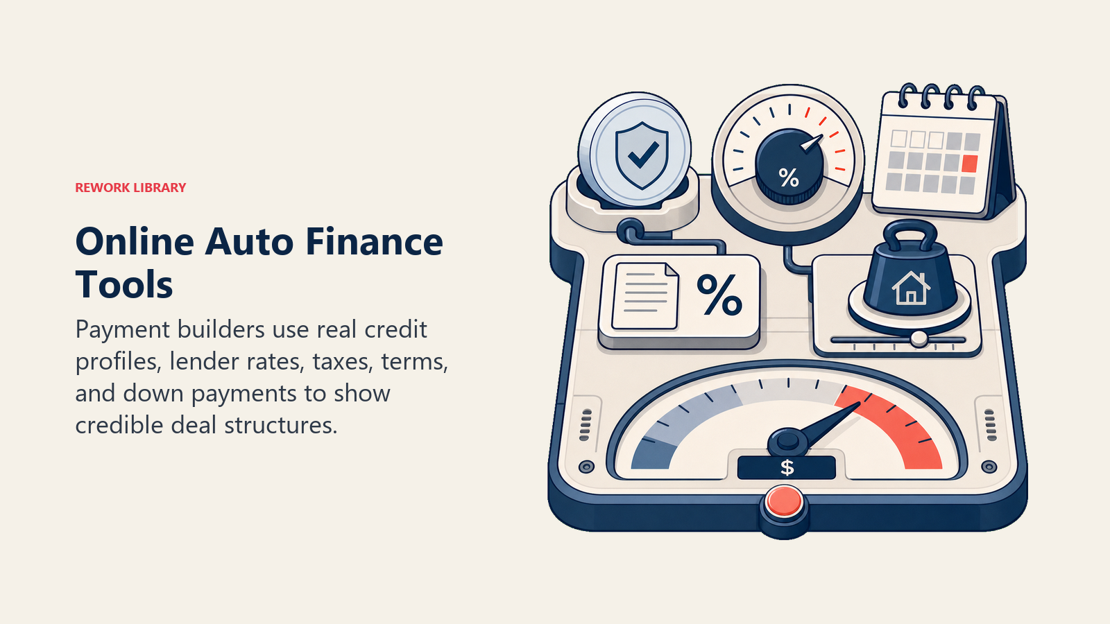 Online Auto Finance Tools shown as payment builder workbench in a Rework Library editorial illustration