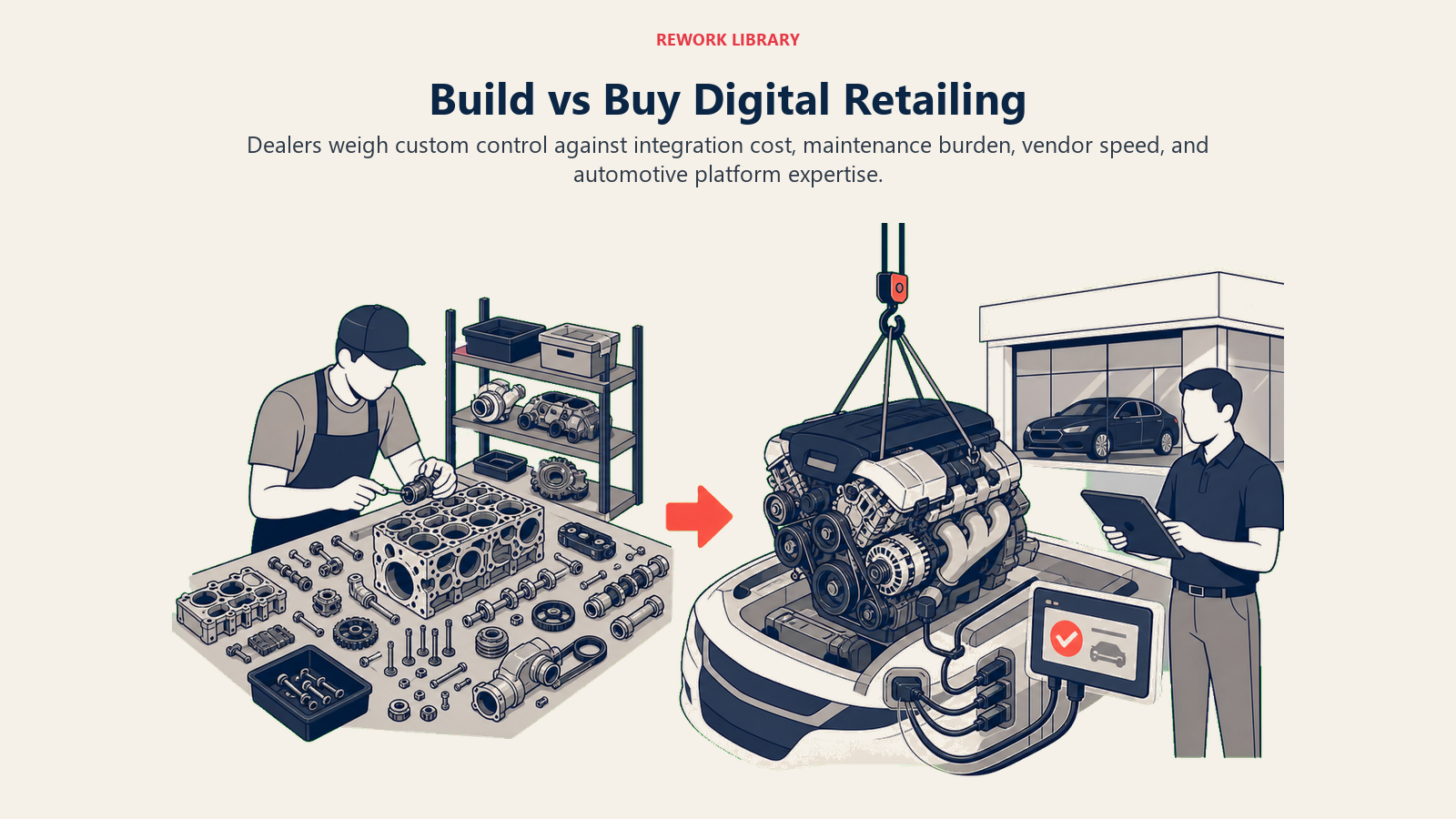 Build vs Buy Digital Retailing shown as build-or-buy split workshop in a Rework Library editorial illustration