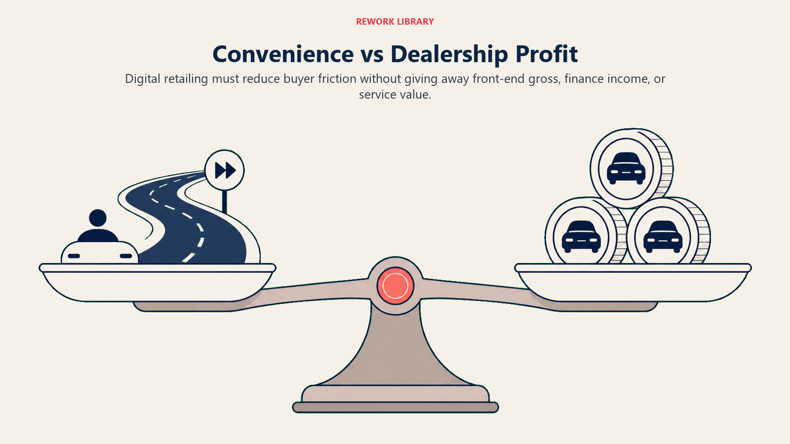 Convenience vs Dealership Profit shown as convenience-profit balance in a Rework Library editorial illustration