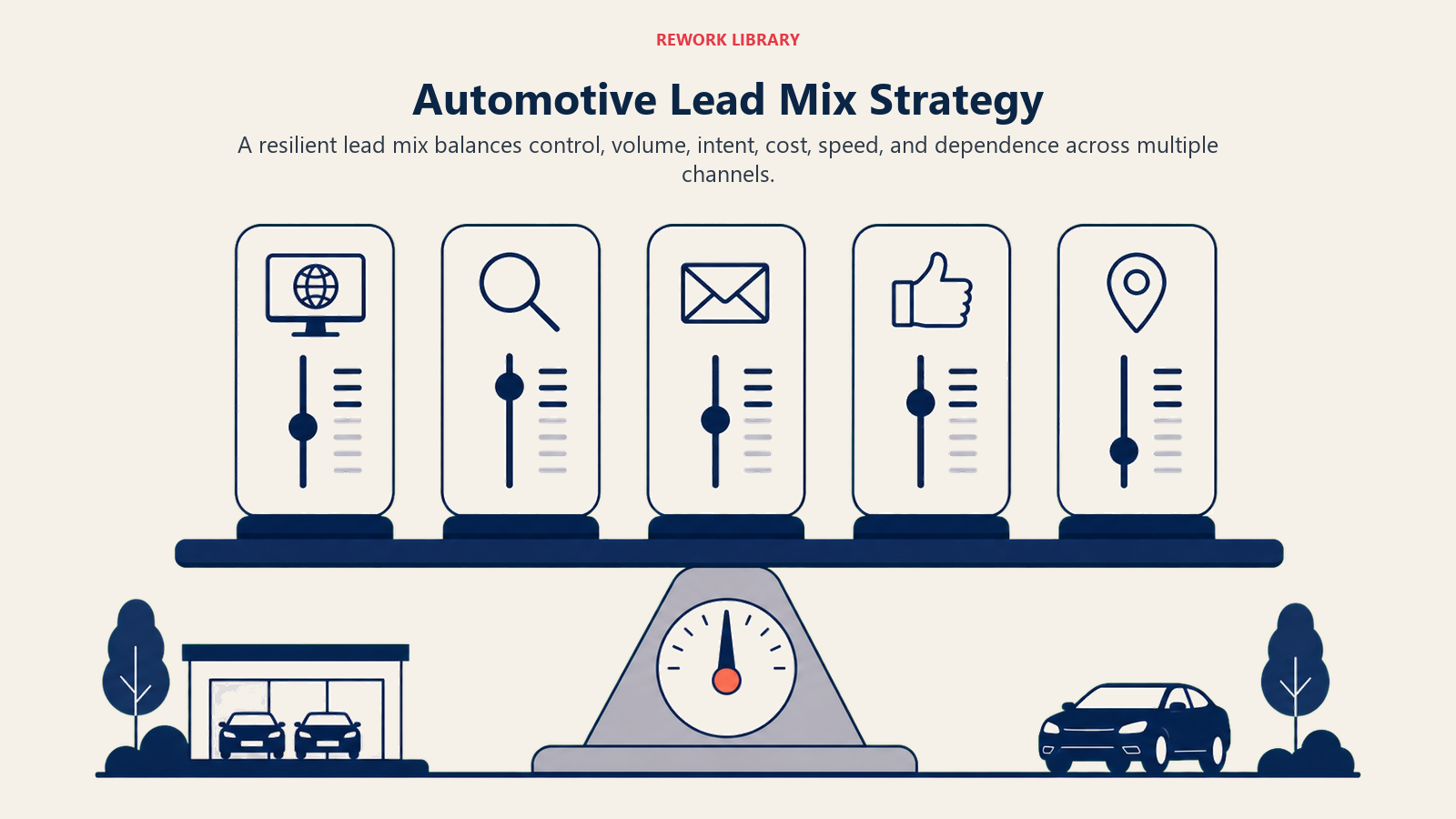 Automotive Lead Mix Strategy illustrated as a wide portfolio balance board where five channel weights are adjusted to keep a dealership opportunity platform level