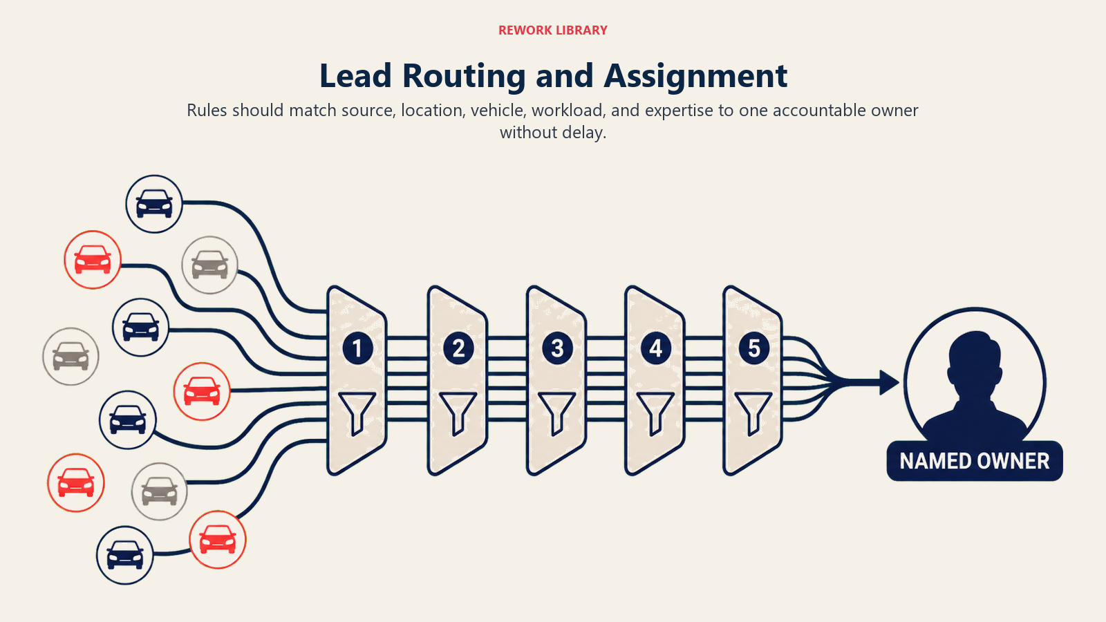 Lead Routing and Assignment illustrated as a wide routing flow where mixed lead tokens pass through five rule gates and arrive at one named-owner silhouette