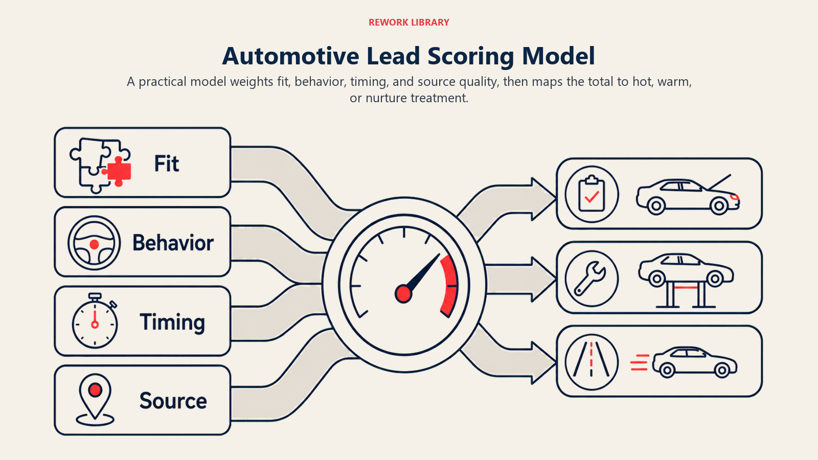 Automotive Lead Scoring Model illustrated as a wide labeled framework with four tributaries flowing into a central score dial and then three treatment lanes; only sparse labels fit, behavior, timing, source