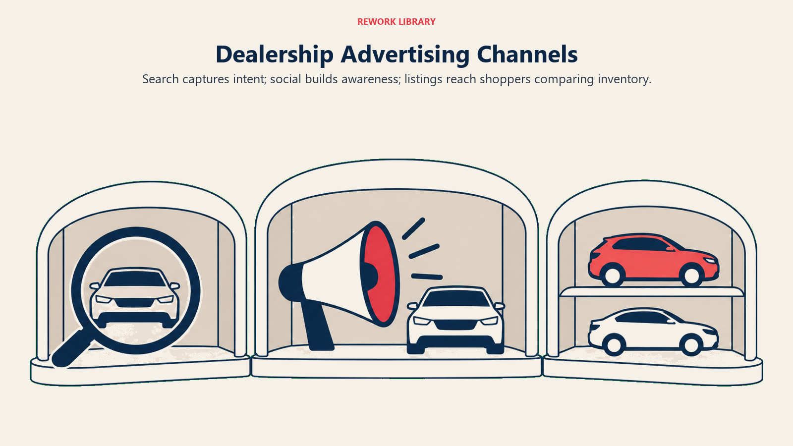 Dealership Advertising Channels: Three roles turn a long channel list into a memorable intent, awareness and inventory-marketplace distinction.