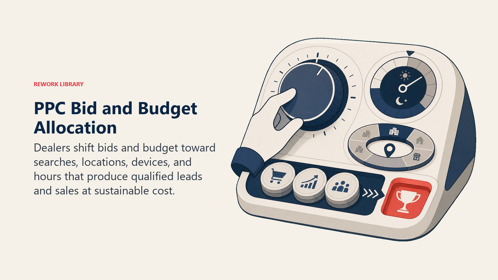 PPC Bid and Budget Allocation shown as conversion-weighted bid console in a Rework Library editorial illustration