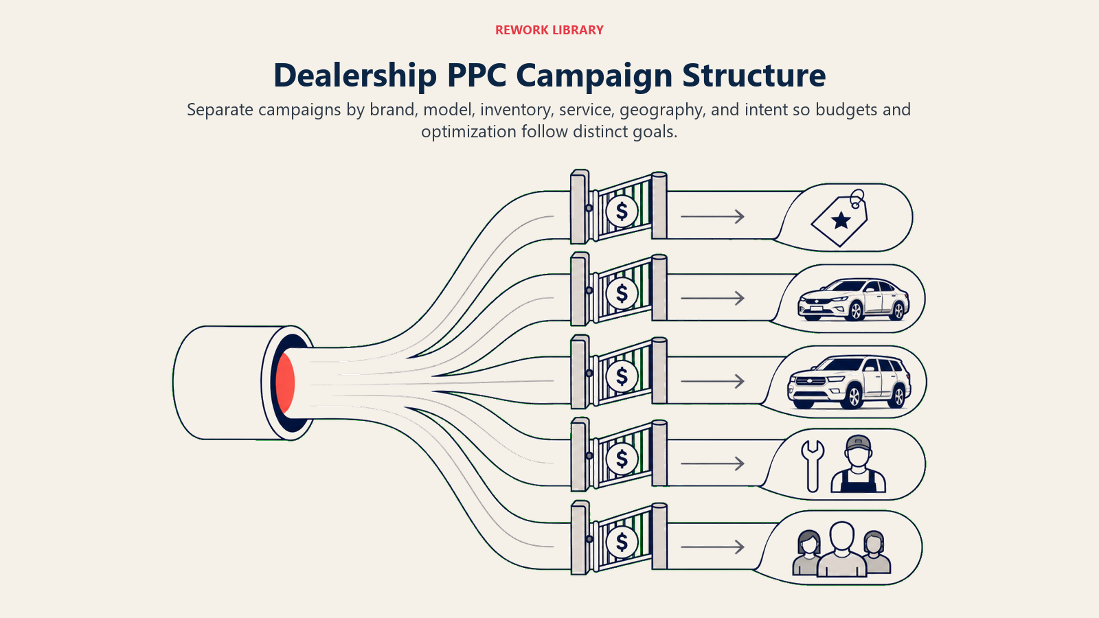 Dealership PPC Campaign Structure shown as campaign lane architecture in a Rework Library editorial illustration