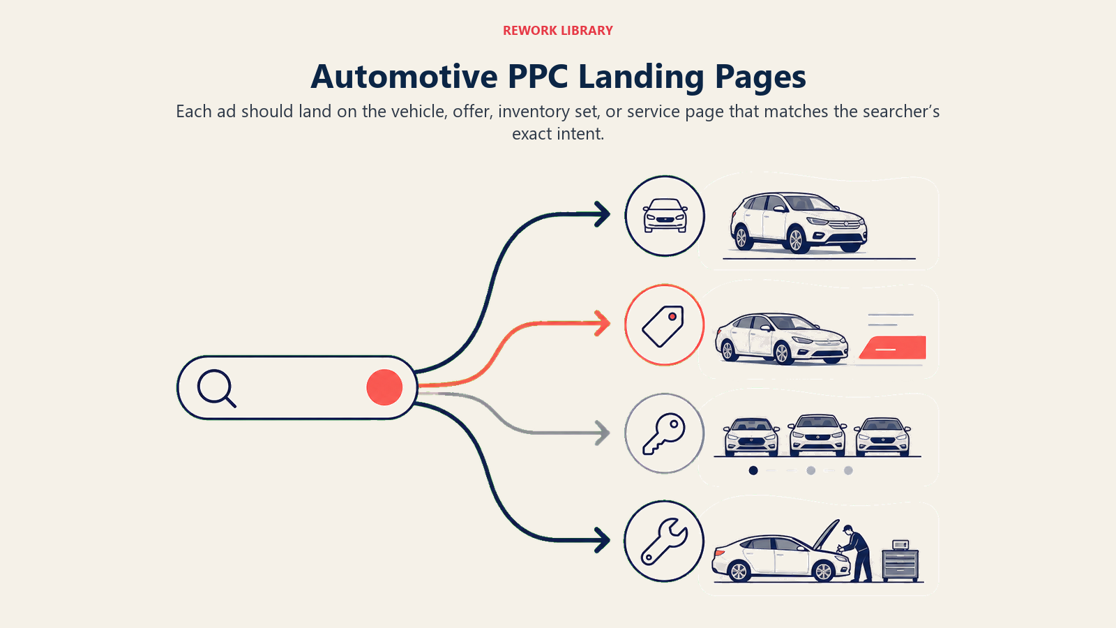 Automotive PPC Landing Pages shown as intent-to-page router in a Rework Library editorial illustration
