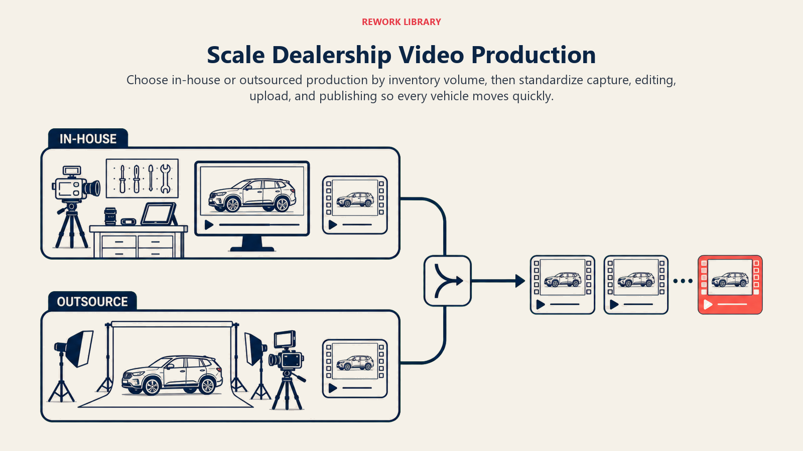 Dealership video production scale comparing in-house workflow and outsourced studio before one publishing line