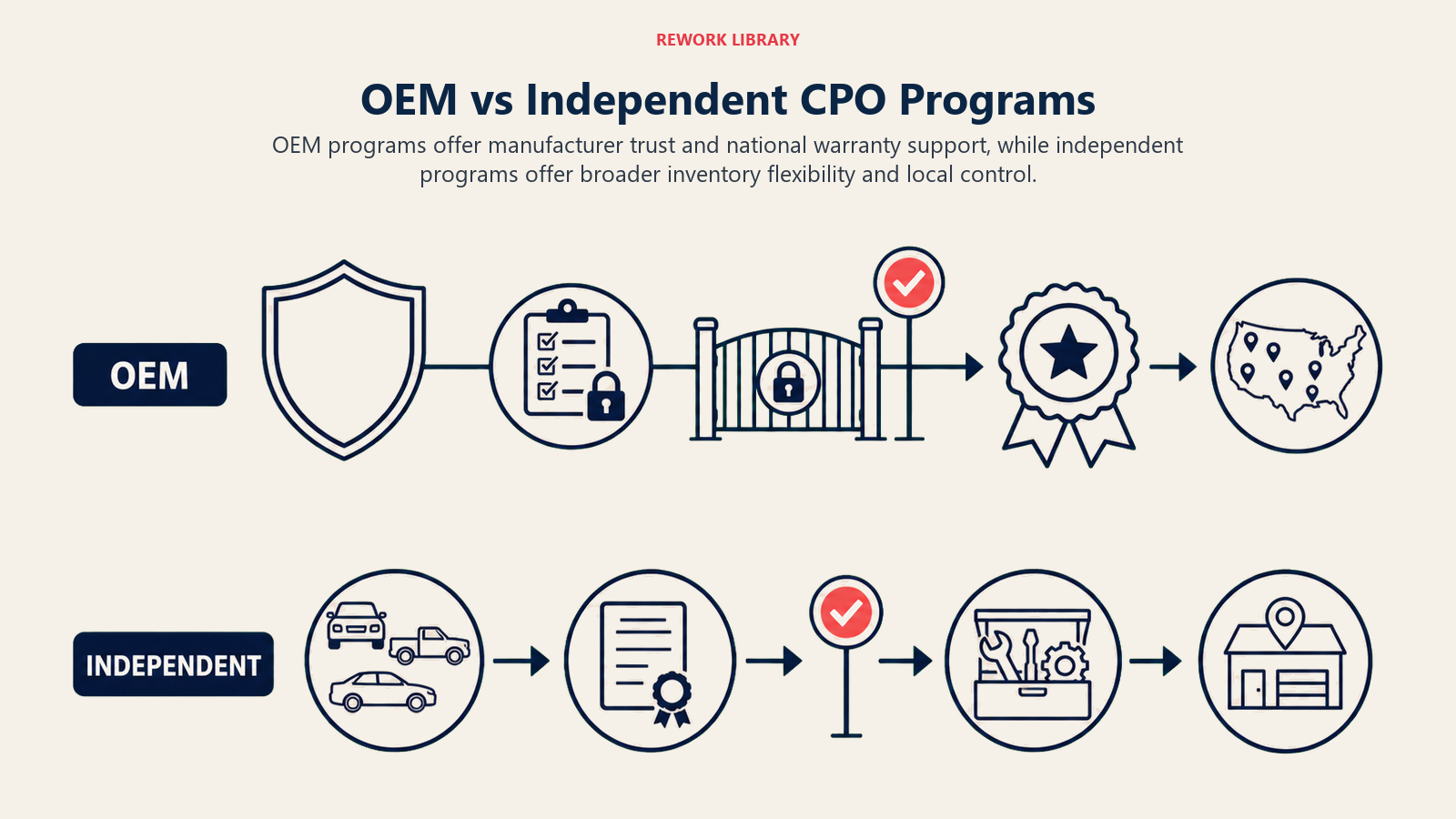 OEM versus independent CPO program comparison balancing manufacturer backing and dealer flexibility