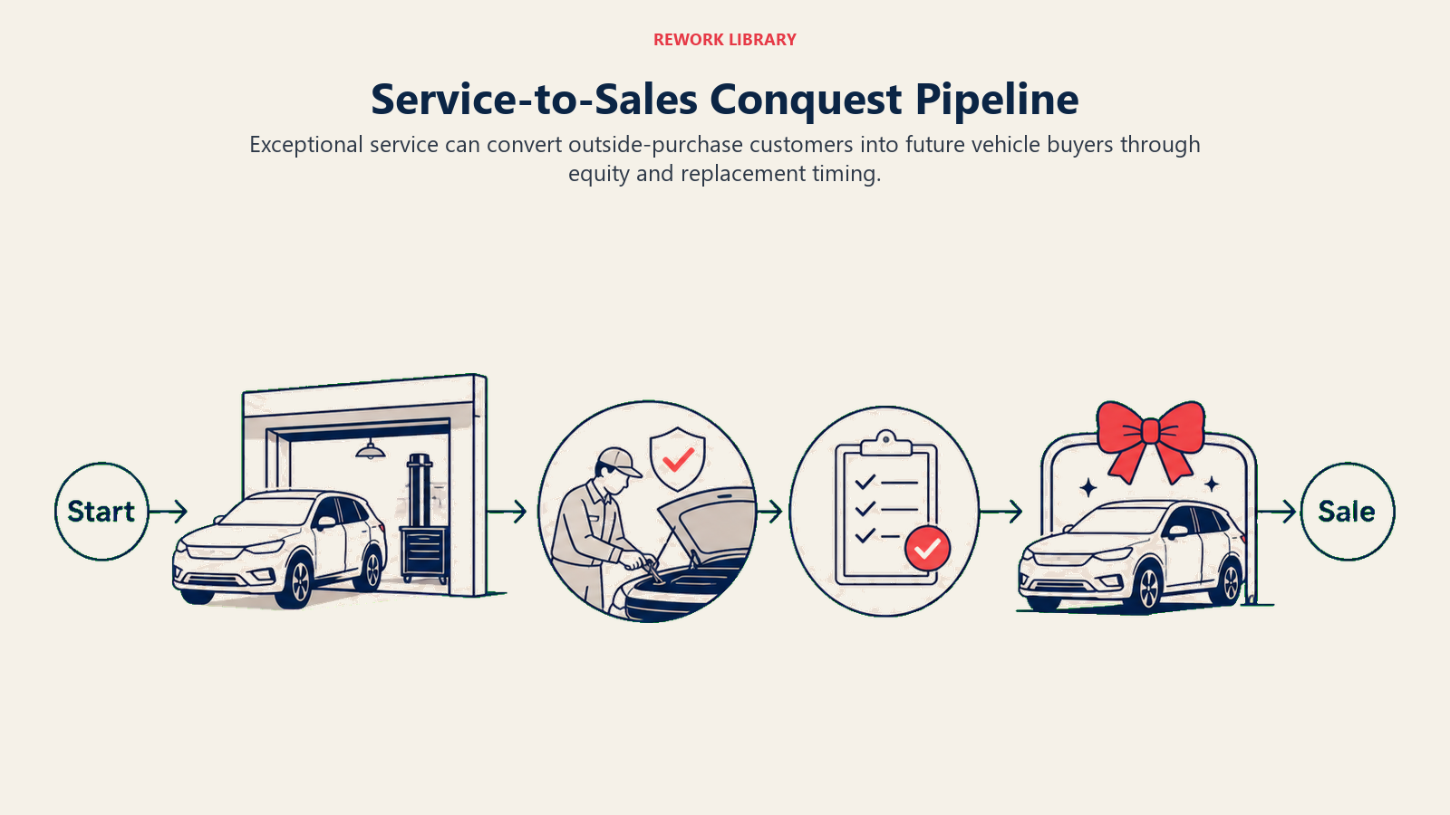 Service-to-Sales Conquest Pipeline shown as a wide service-lane journey: outside-brand vehicle enters a service bay, receives trusted care, passes an equity checkpoint, and exits toward a dealership delivery bow
