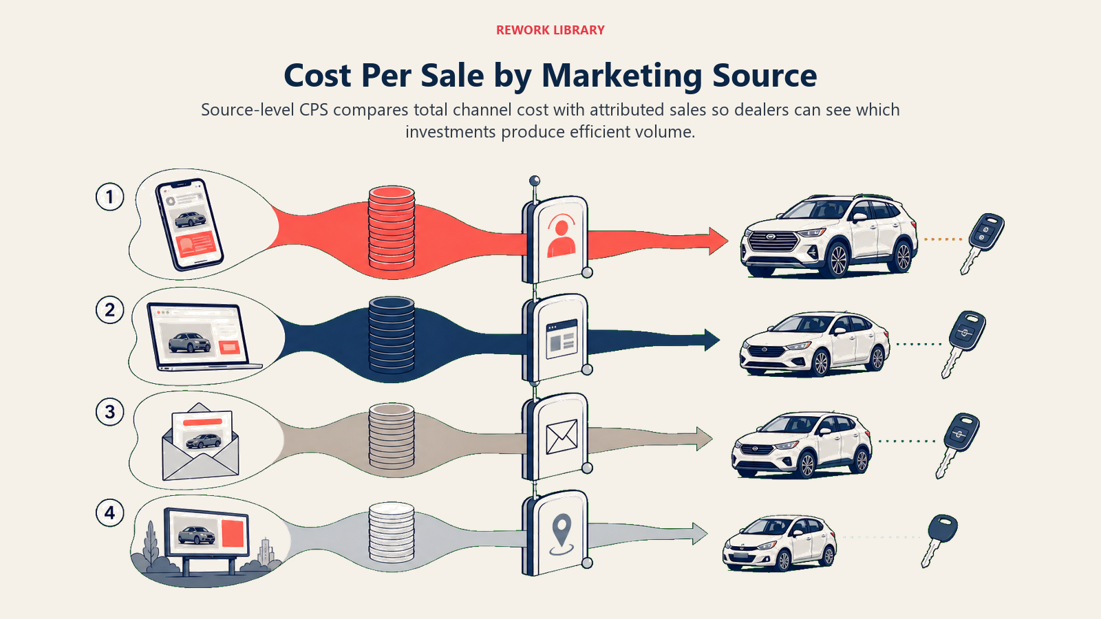 Cost Per Sale by Marketing Source shown as channel efficiency comparison for an automotive dealership