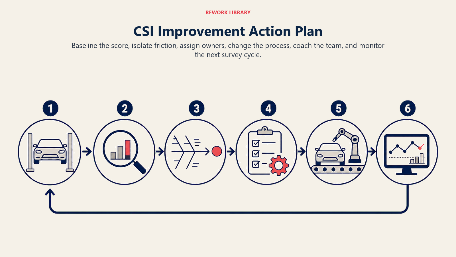 CSI Improvement Action Plan illustrated as a wide six-stage improvement loop with sparse stage numbers and arrows returning from monitor to baseline