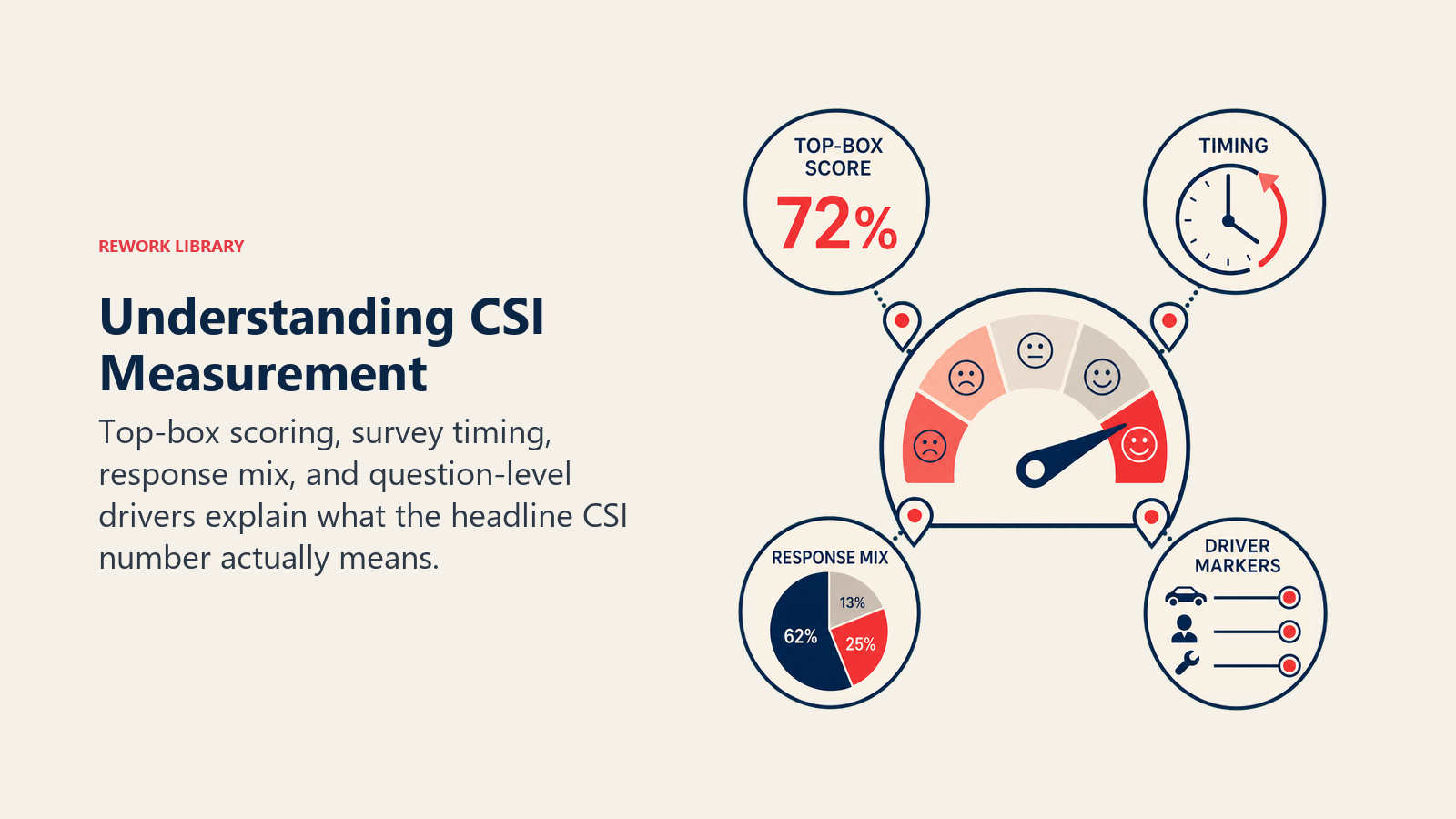 Understanding CSI Measurement illustrated as a survey lens revealing a top-box score, timing clock, response mix, and driver markers around one satisfaction gauge
