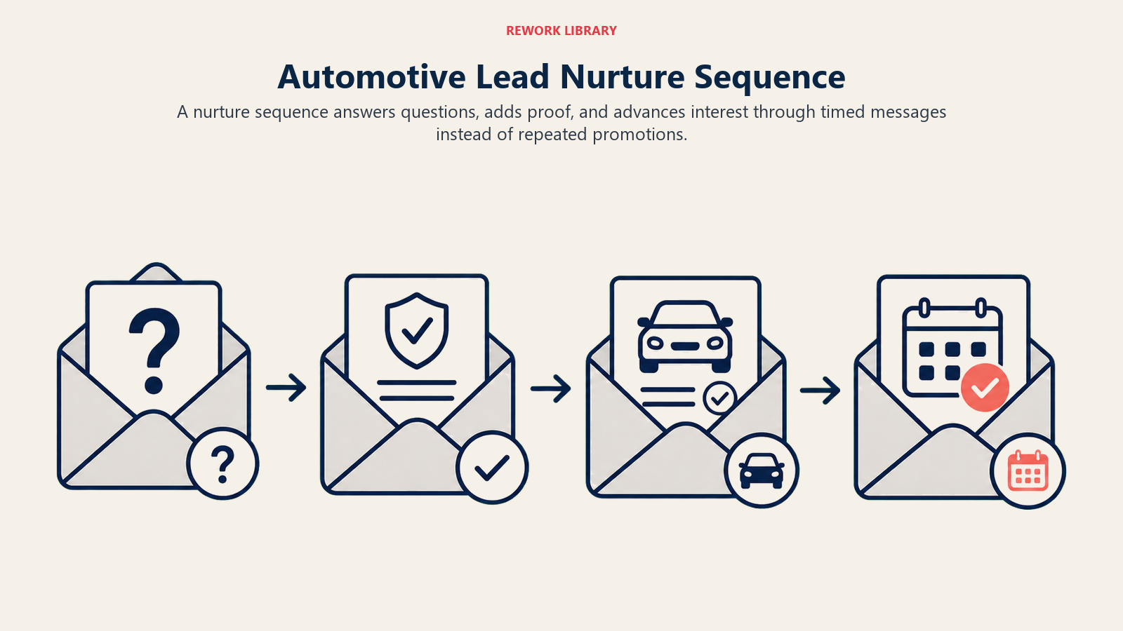 Automotive Lead Nurture Sequence illustrated as a wide sequence of four envelopes evolving from question to proof to vehicle match to coral appointment