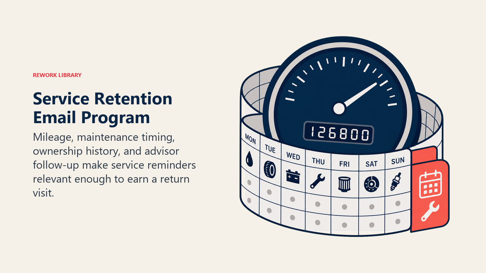 Service Retention Email Program illustrated as a maintenance calendar wrapped around an odometer with a coral service appointment tab