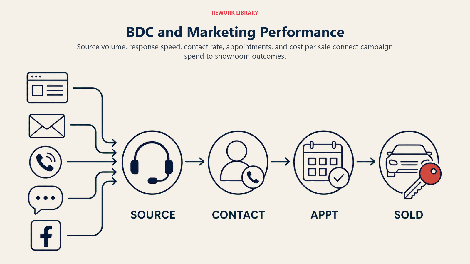 BDC and marketing performance flow from lead sources through response and appointments to sold vehicles