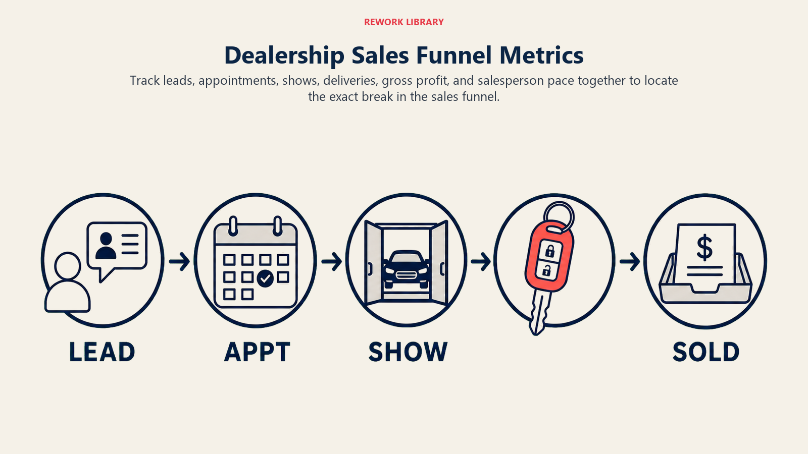 Dealership sales funnel metrics shown as a wide lead-to-delivery conversion path