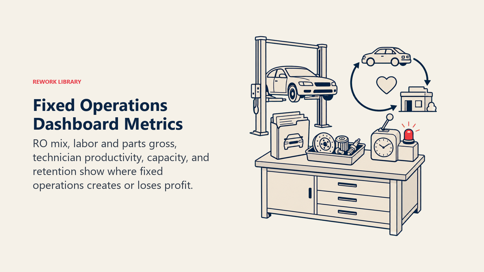 Fixed operations dashboard metrics represented by a repair-order hub and service capacity gauge