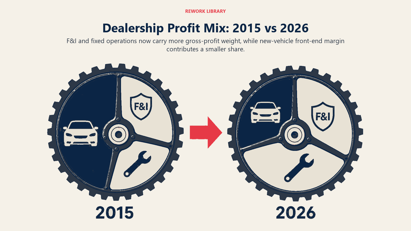 Dealership profit mix in 2015 versus 2026 showing growth of F&I and fixed operations