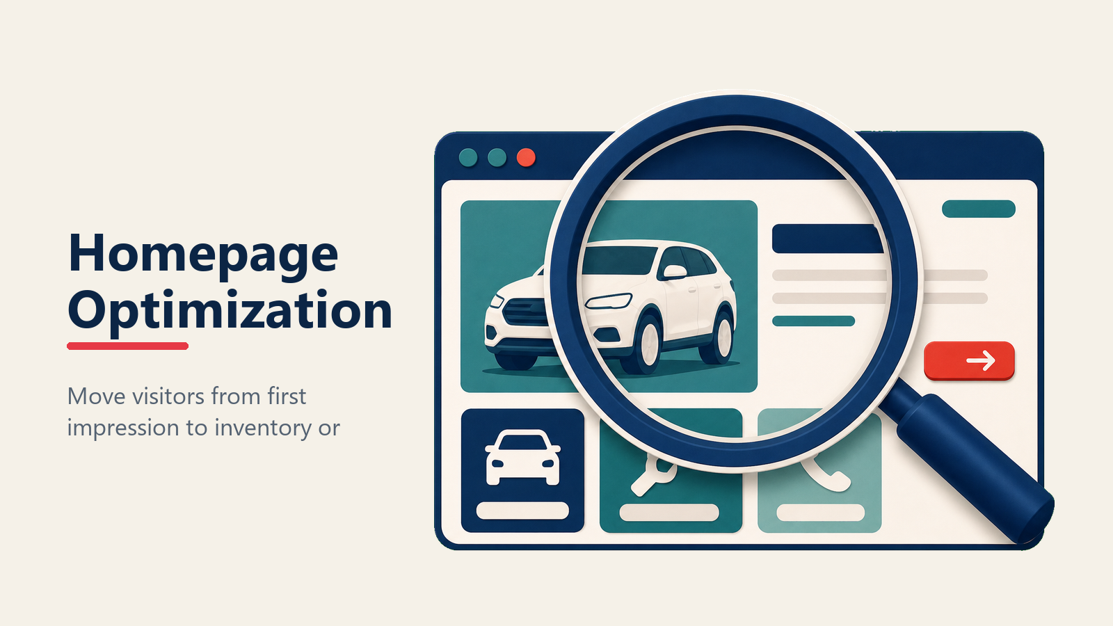 Homepage optimization lens for dealership websites