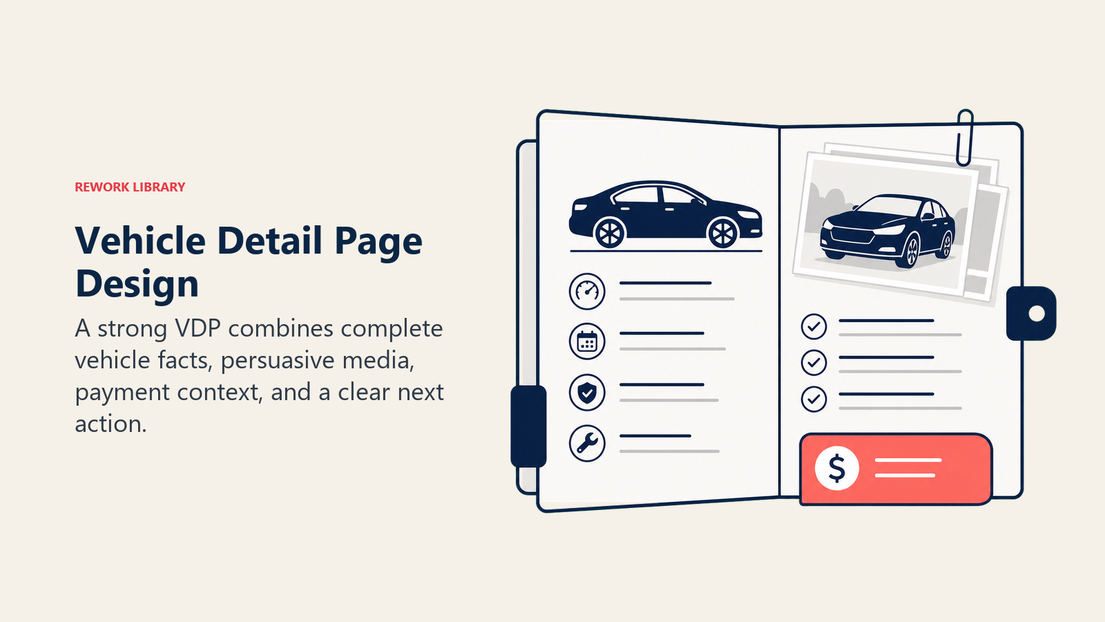 Vehicle Detail Page Design illustrated as an open vehicle dossier with a car silhouette, photo stack, payment token, and one coral action tab
