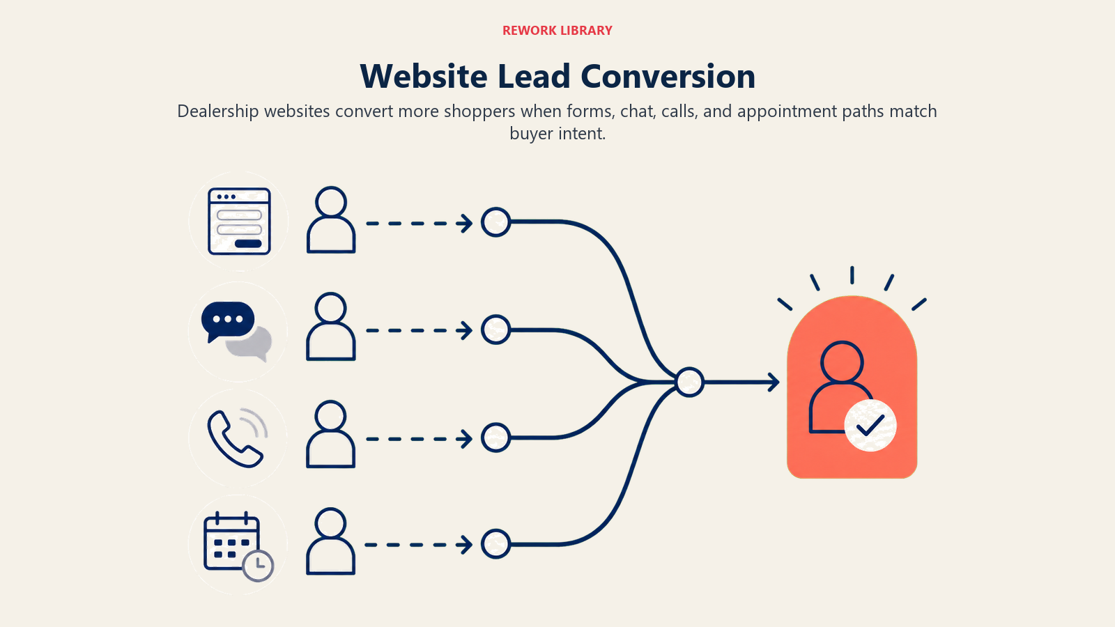 Website Lead Conversion illustrated as four distinct shopper paths from form, chat, phone, and appointment converging into one coral qualified-lead bay