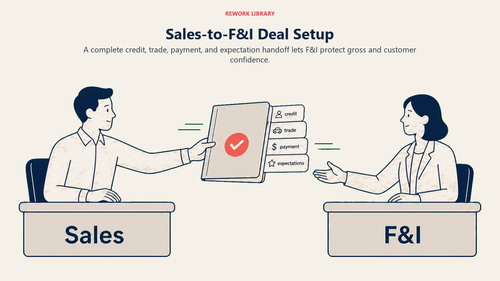 Sales-to-F&I Deal Setup shown as a wide baton handoff from sales desk to f&i office