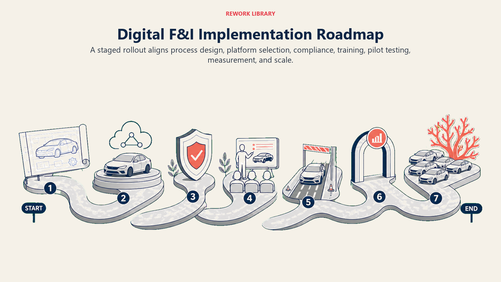 Digital F&I Implementation Roadmap shown as implementation roadmap for an automotive dealership