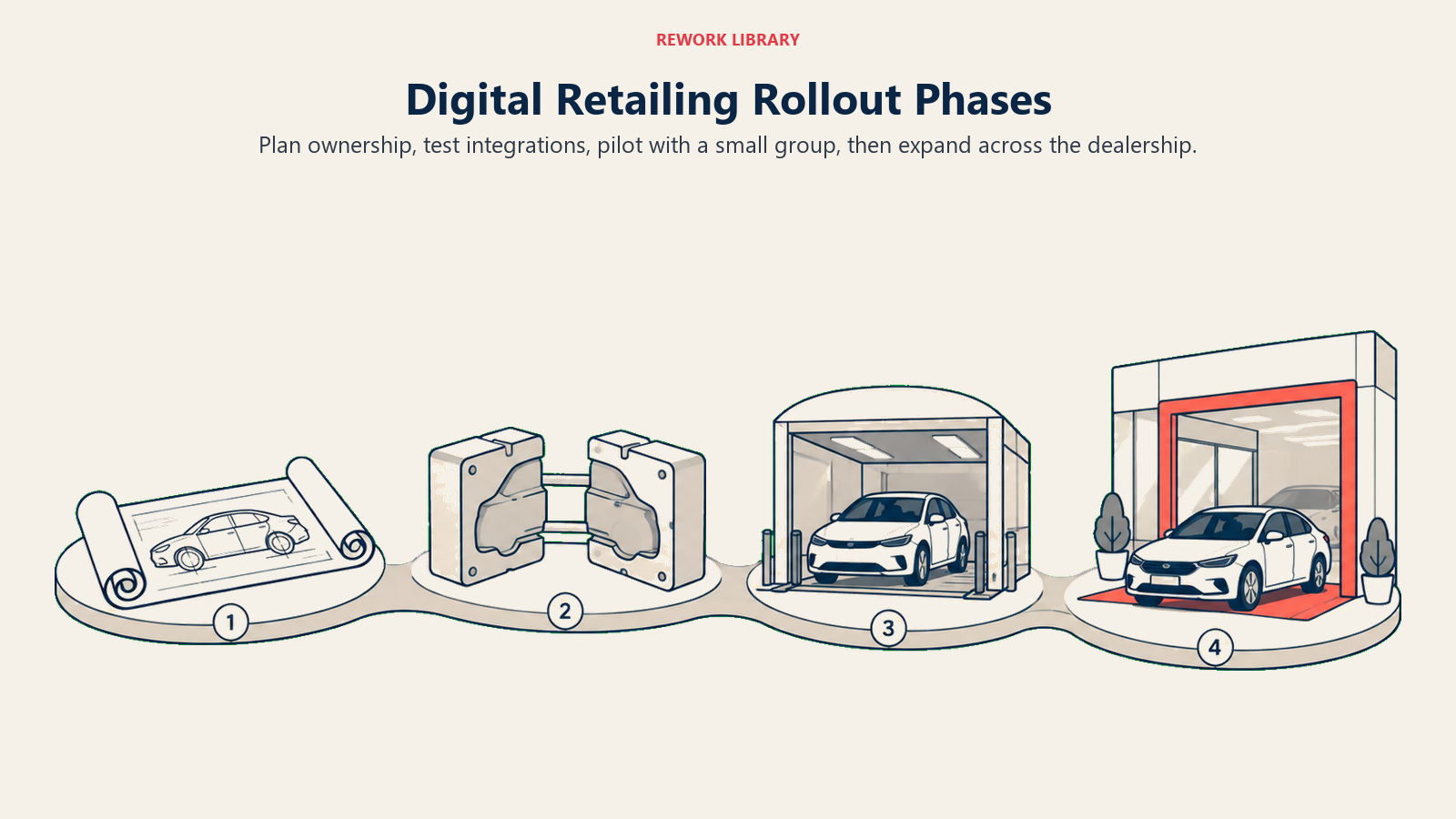 Digital Retailing Rollout Phases: Four distinct milestones communicate ordered readiness gates without portraying an unverified universal 90-day schedule.