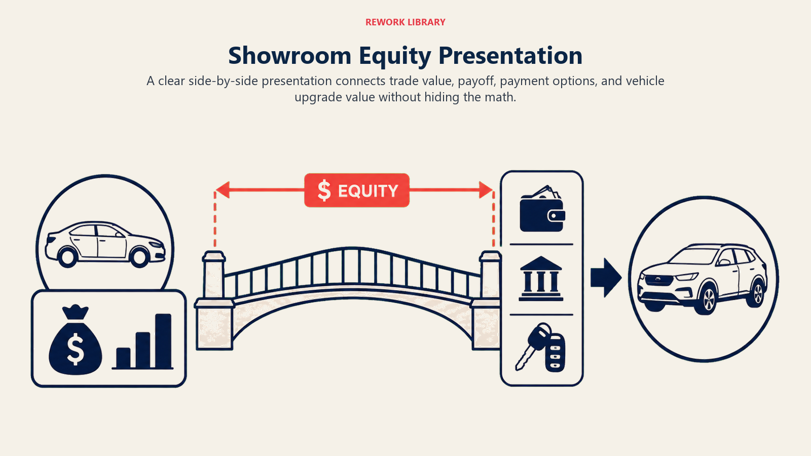 Showroom Equity Presentation illustrated as a wide showroom decision bridge from current vehicle and payoff on the left to payment options and newer vehicle on the right, with a coral equity span