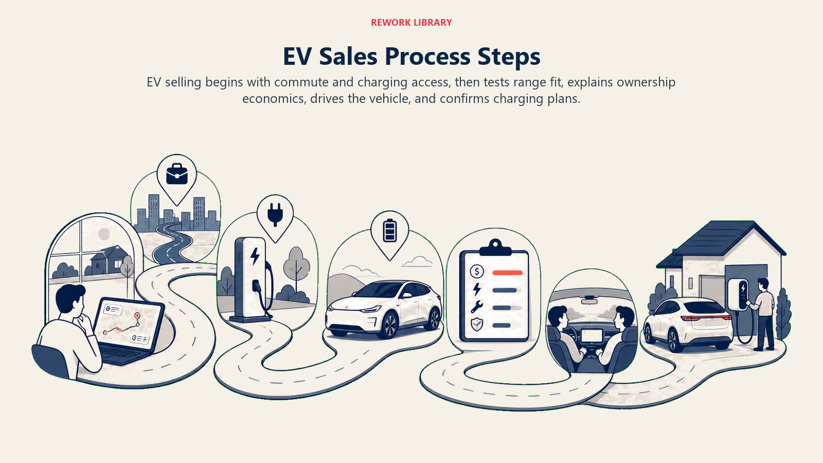 EV Sales Process Steps shown as EV sales route in a Rework Library editorial illustration