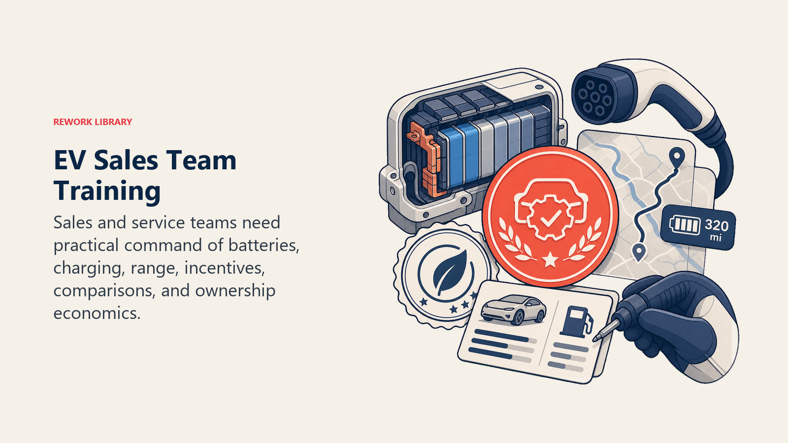 EV Sales Team Training shown as EV certification workbench in a Rework Library editorial illustration