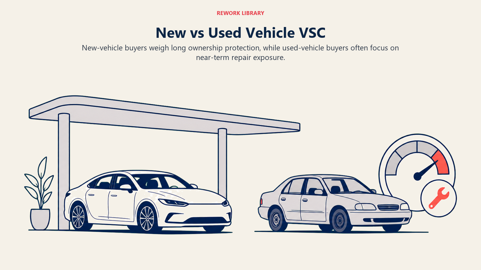 New vs Used Vehicle VSC illustrated as a balanced wide comparison with a new car under a long horizon canopy and a used car beside a near-term repair gauge
