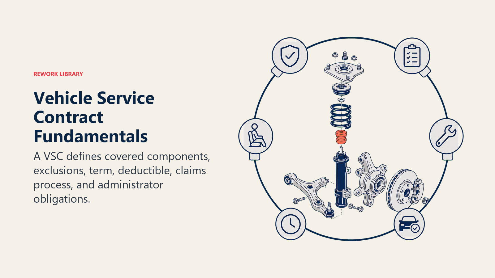 Vehicle Service Contract Fundamentals illustrated as an exploded vehicle component model enclosed by a contract ring with six clear coverage tabs