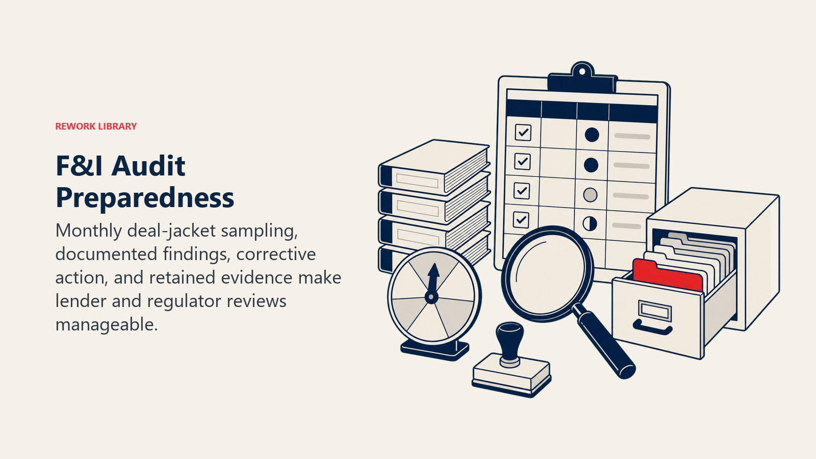 F&I audit preparedness shown as sampled deal jackets moving through review, correction, and evidence archive