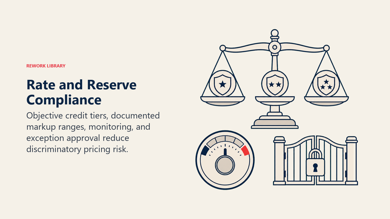 Rate and reserve compliance shown as a calibrated pricing scale with documented exception gate