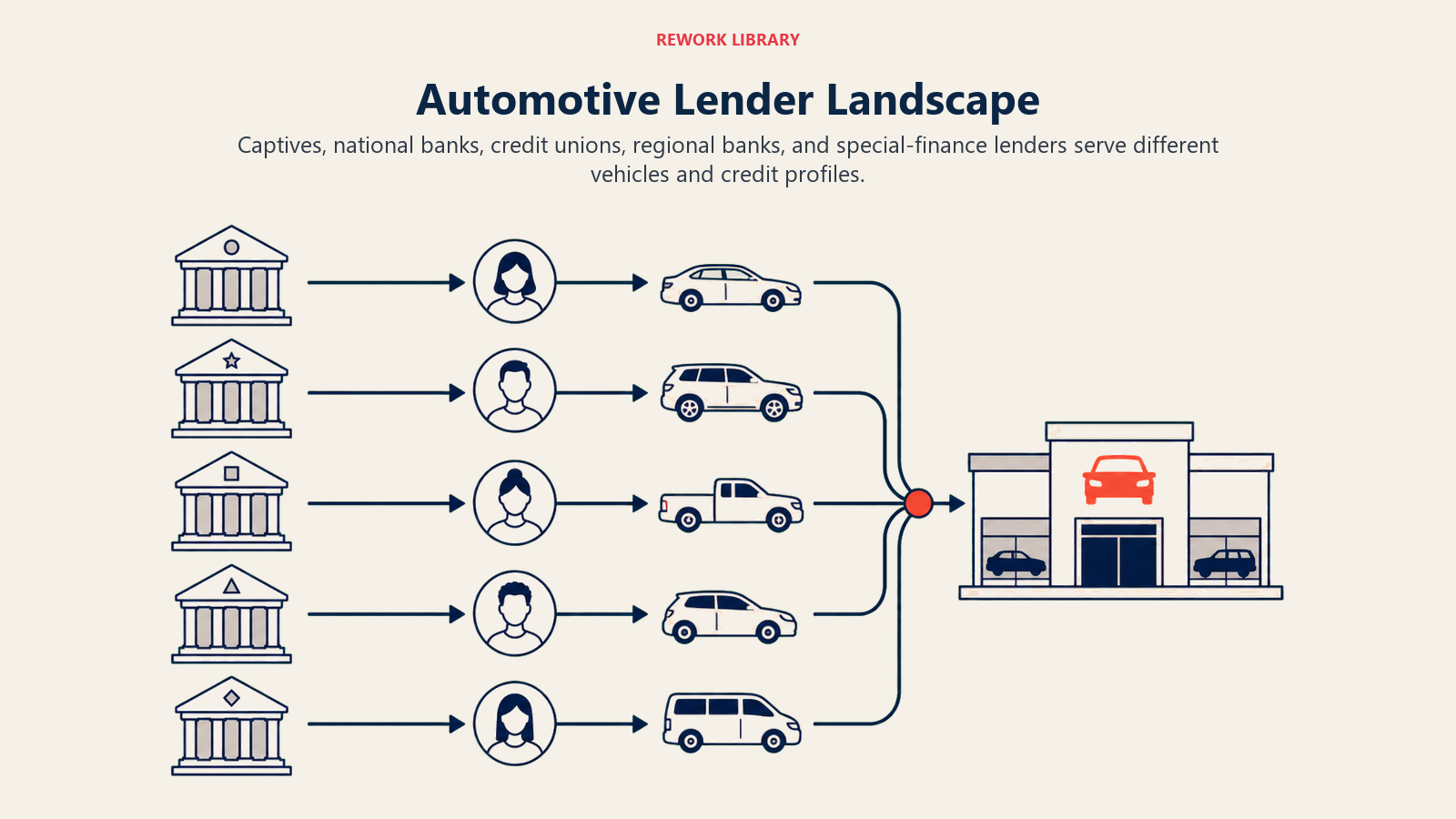 Automotive Lender Landscape illustrated as a wide five-lane lender landscape with distinct institutions feeding different borrower and vehicle silhouettes into one dealership