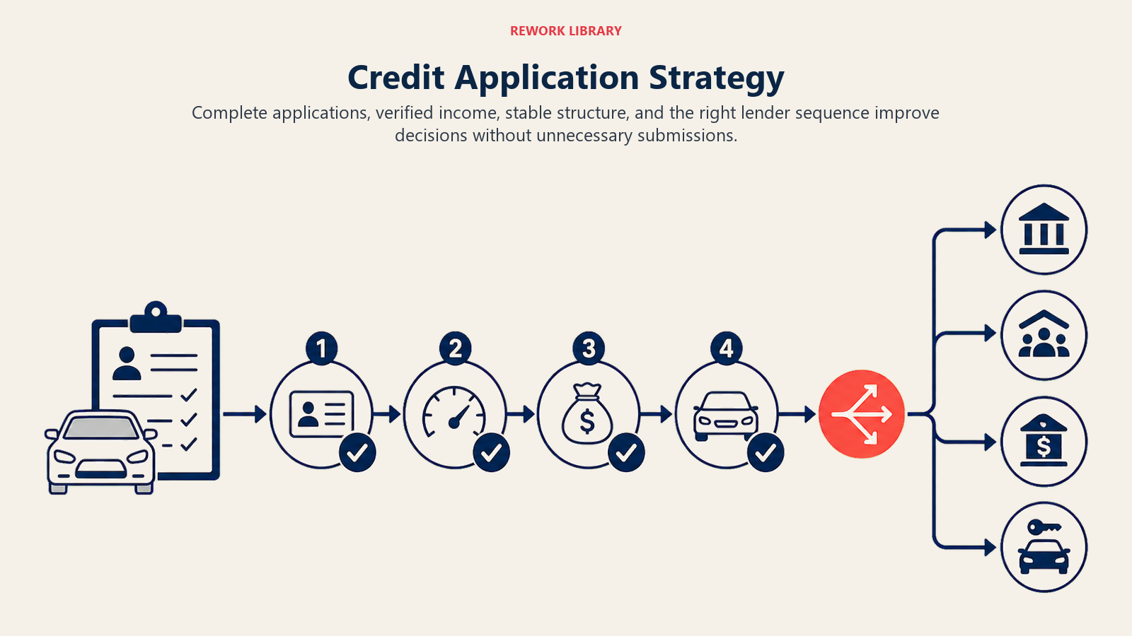 Credit Application Strategy illustrated as a wide decision path that validates four application elements before branching to the best-fit lender